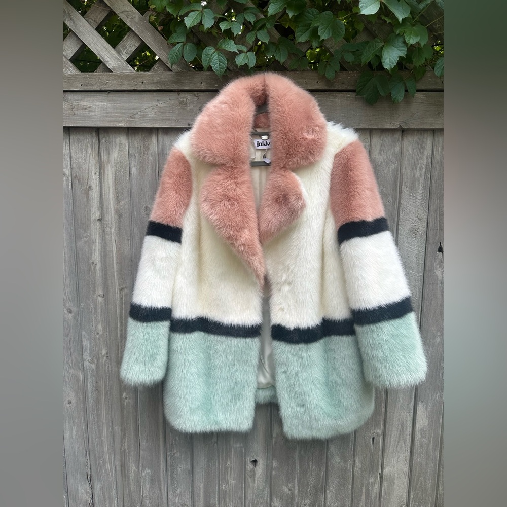 Jakke London Pastel Colorblock Faux Fur Jacket — Mint, Pink, Cream & Black